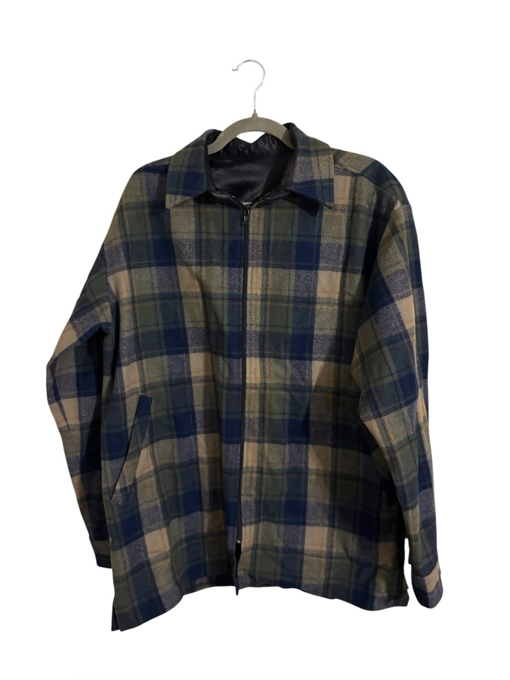 Vintage Blue Green Plaid 100% Pure Wool Zip Up Men’s Jacket